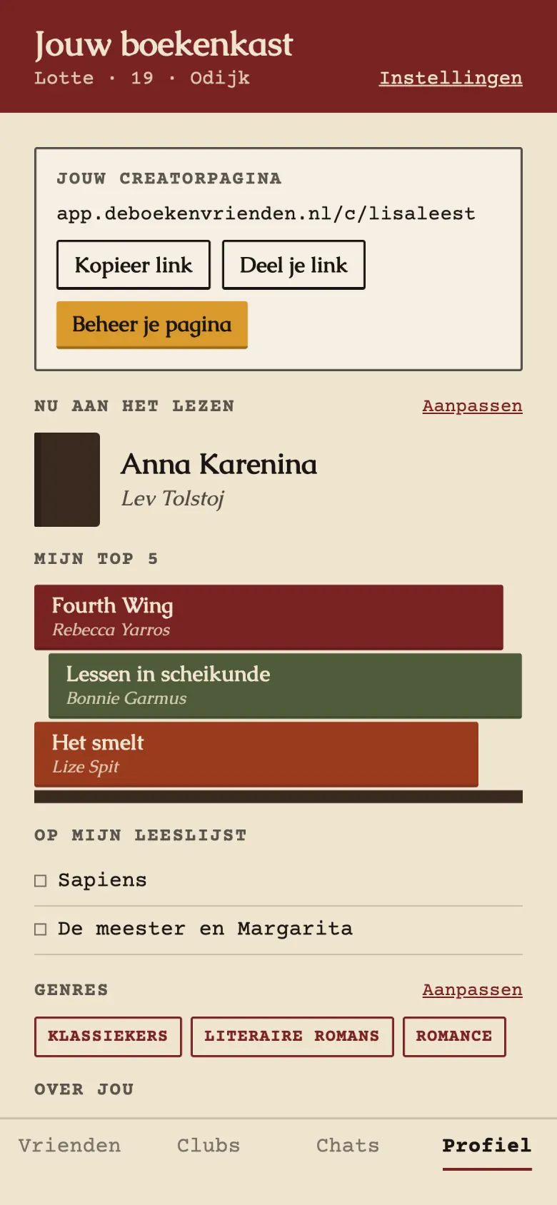 Profiel met de kaart Jouw creatorpagina, de link en de knoppen om hem te kopiëren en te delen
