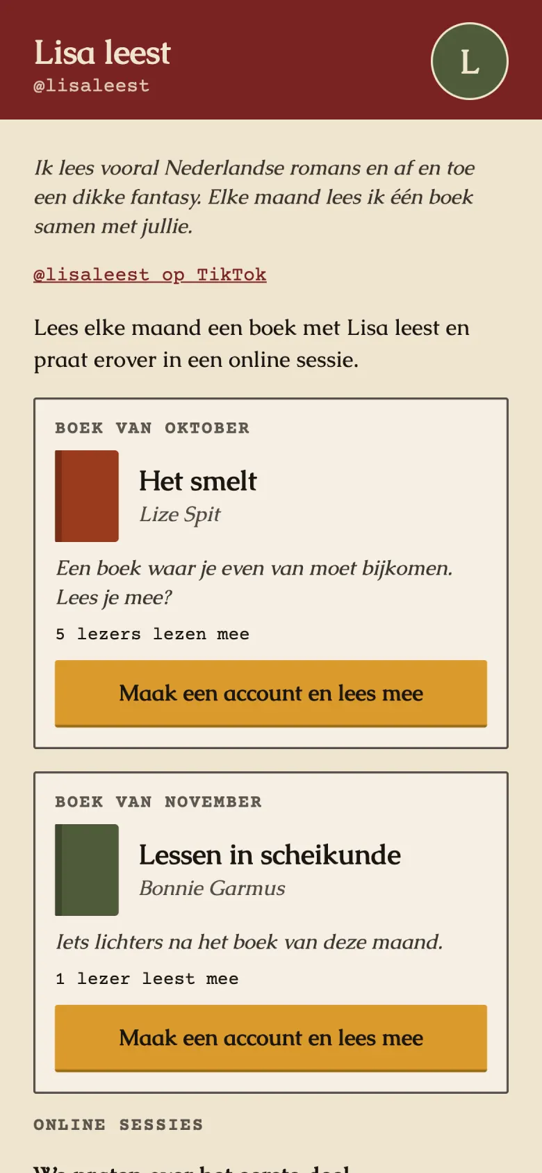 Creatorpagina van Lisa leest met haar bio, het boek van oktober en het boek van november